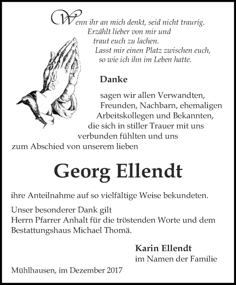  Traueranzeige für Georg Ellendt vom 27.01.2018 aus Thüringer Allgemeine