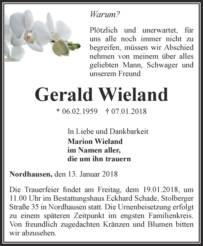  Traueranzeige für Gerald Wieland vom 13.01.2018 aus Thüringer Allgemeine