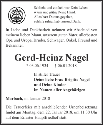 Traueranzeige von Gerd-Heinz Nagel von Thüringer Allgemeine, Thüringische Landeszeitung