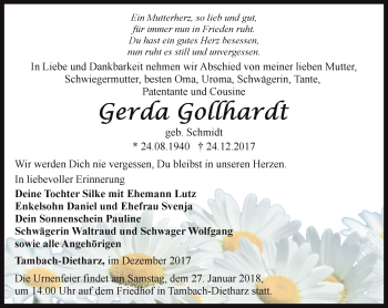 Traueranzeige von Gerda Gollhardt von Ostthüringer Zeitung, Thüringische Landeszeitung