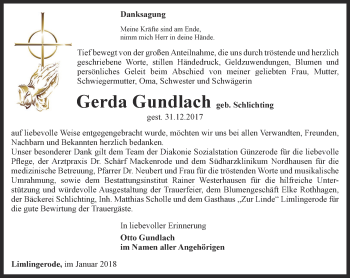 Traueranzeige von Gerda Gundlach von Thüringer Allgemeine