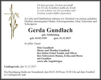 Traueranzeige von Gerda Gundlach von Thüringer Allgemeine