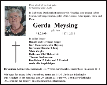 Traueranzeige von Gerda Meysing von Thüringer Allgemeine