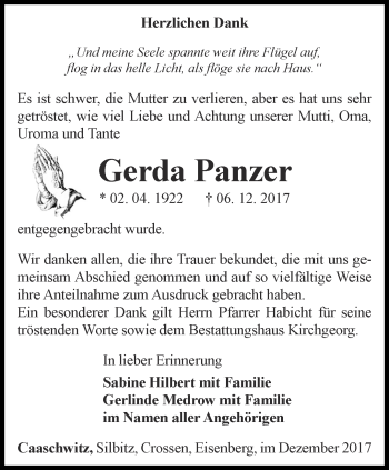 Traueranzeige von Gerda Panzer von Ostthüringer Zeitung