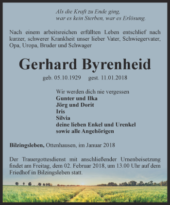 Traueranzeige von Gerhard Byrenheid von Thüringer Allgemeine