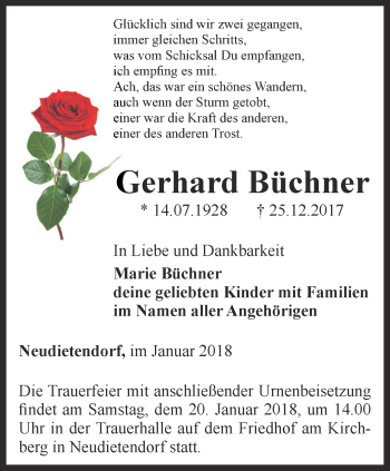 Traueranzeige von Gerhard Büchner von Thüringer Allgemeine, Thüringische Landeszeitung