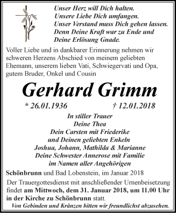 Traueranzeige von Gerhard Grimm von Ostthüringer Zeitung