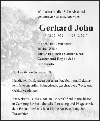 Traueranzeige von Gerhard John von Ostthüringer Zeitung, Thüringische Landeszeitung