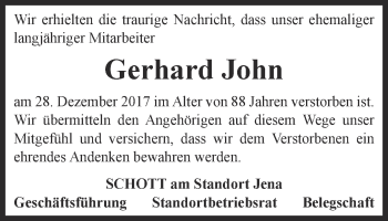 Traueranzeige von Gerhard John von Ostthüringer Zeitung, Thüringische Landeszeitung