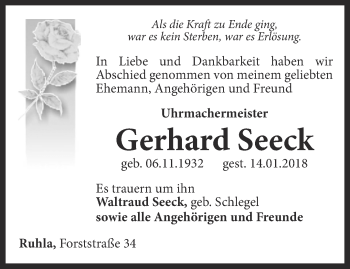 Traueranzeige von Gerhard Seeck von Thüringer Allgemeine, Thüringische Landeszeitung