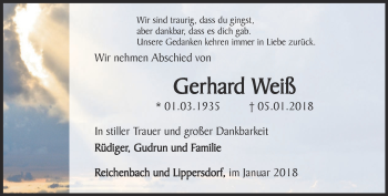 Traueranzeige von Gerhard Weiß von Ostthüringer Zeitung
