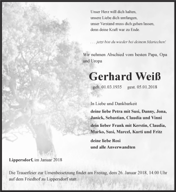 Traueranzeige von Gerhard Weiß von Ostthüringer Zeitung