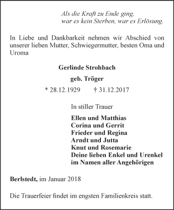 Traueranzeige von Gerlinde Strohbach von Thüringer Allgemeine, Thüringische Landeszeitung