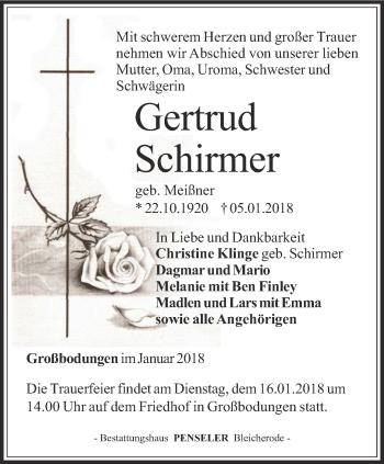 Traueranzeige von Gertrud Schirmer von Thüringer Allgemeine