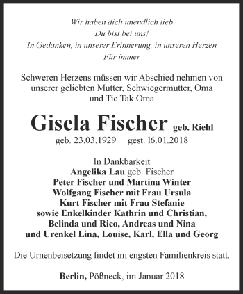 Traueranzeige von Gisela Fischer von Ostthüringer Zeitung