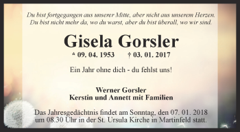 Traueranzeige von Gisela Gorsler von Thüringer Allgemeine