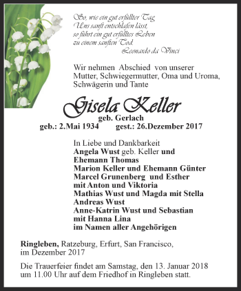 Traueranzeige von Gisela Keller von Thüringer Allgemeine, Thüringische Landeszeitung