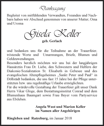 Traueranzeige von Gisela Keller von Thüringer Allgemeine, Thüringische Landeszeitung