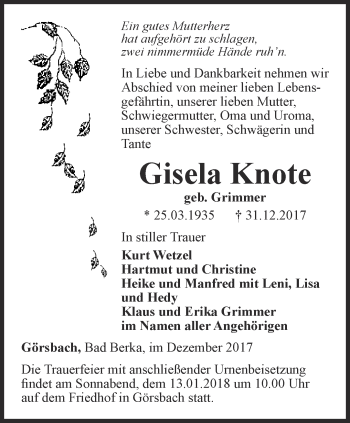 Traueranzeige von Gisela Knote von Thüringer Allgemeine