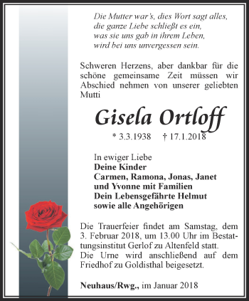 Traueranzeige von Gisela Ortloff von Ostthüringer Zeitung