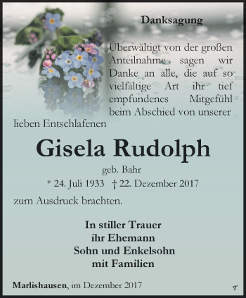 Traueranzeige von Gisela Rudolph von Thüringer Allgemeine