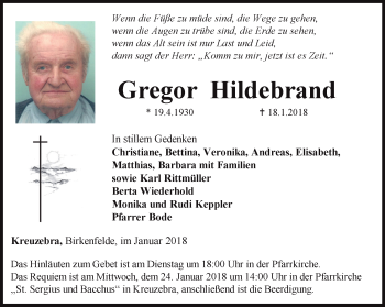 Traueranzeige von Gregor Hildebrand von Thüringer Allgemeine