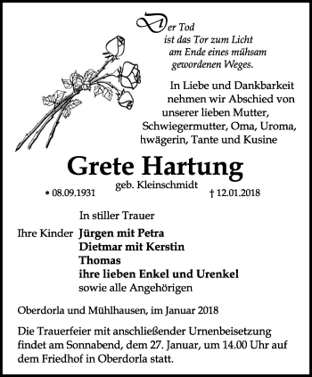 Traueranzeige von Grete Hartung von Thüringer Allgemeine, Thüringische Landeszeitung