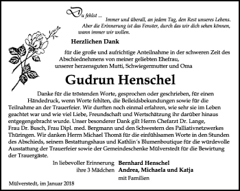 Traueranzeige von Gudrun Henschel von Thüringer Allgemeine, Thüringische Landeszeitung