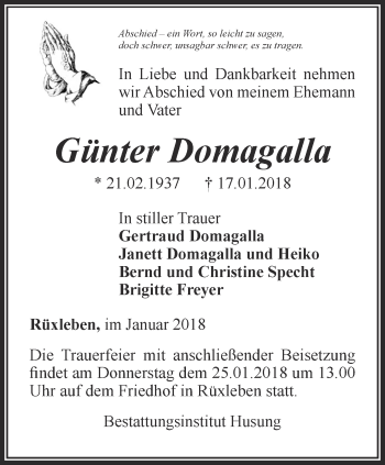 Traueranzeige von Günter Domagalla von Thüringer Allgemeine