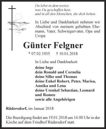 Traueranzeige von Günter Felgner von Ostthüringer Zeitung