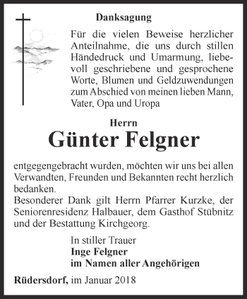 Traueranzeige von Günter Felgner von Ostthüringer Zeitung