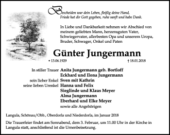 Traueranzeige von Günter Jungermann von Thüringer Allgemeine, Thüringische Landeszeitung