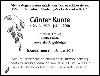 Traueranzeige von Günter Kunte von Thüringer Allgemeine, Thüringische Landeszeitung