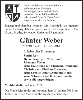 Traueranzeige von Günter Weber von Ostthüringer Zeitung, Thüringische Landeszeitung
