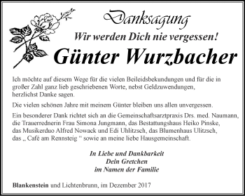 Traueranzeige von Günter Wurzbacher von Ostthüringer Zeitung