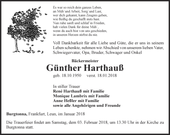 Traueranzeige von Günther Harthhauß von Thüringer Allgemeine, Thüringische Landeszeitung