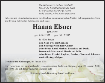 Traueranzeige von Hanna Elsner von Thüringer Allgemeine