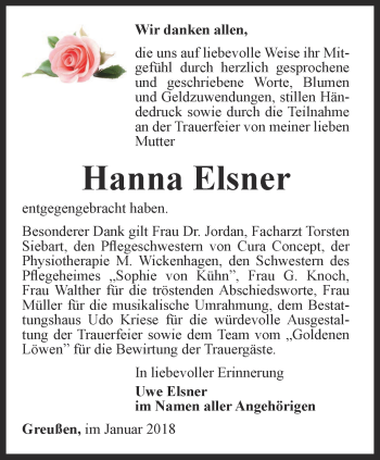 Traueranzeige von Hanna Elsner von Thüringer Allgemeine