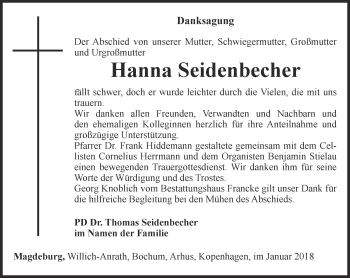 Traueranzeige von Hanna Seidenbecher von Ostthüringer Zeitung