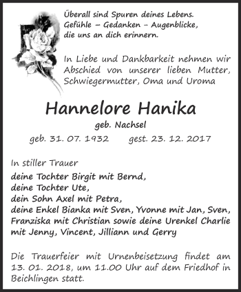 Traueranzeige von Hannelore Hanika von Thüringer Allgemeine