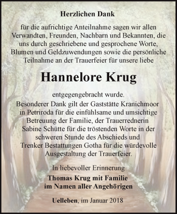 Traueranzeige von Hannelore Krug von Ostthüringer Zeitung, Thüringische Landeszeitung