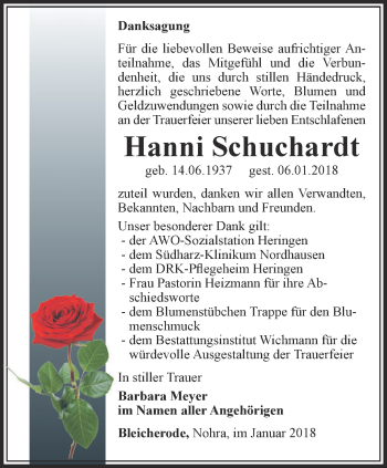 Traueranzeige von Hanni Schuchardt von Thüringer Allgemeine