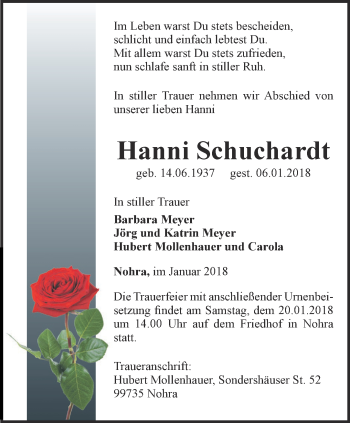 Traueranzeige von Hanni Schuchardt von Thüringer Allgemeine