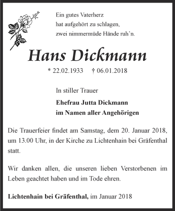 Traueranzeige von Hans Dickmann von Ostthüringer Zeitung