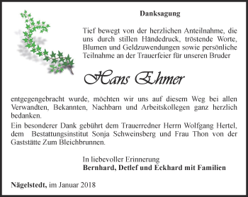 Traueranzeige von Hans Ehmer von Thüringer Allgemeine, Thüringische Landeszeitung