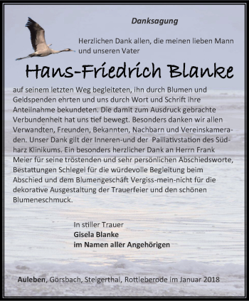 Traueranzeige von Hans-Friedrich Blanke von Thüringer Allgemeine