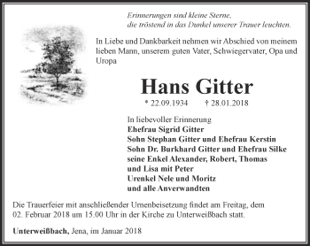 Traueranzeige von Hans Gitter von Ostthüringer Zeitung