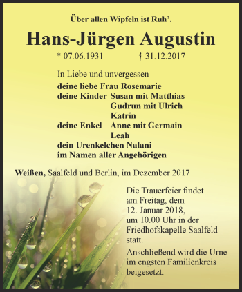 Traueranzeige von Hans-Jürgen Augustin von Ostthüringer Zeitung