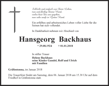 Traueranzeige von Hansgeorg Backhaus von Thüringer Allgemeine, Thüringische Landeszeitung