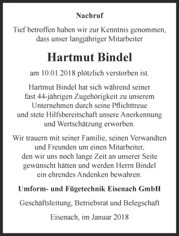 Traueranzeige von Hartmut Bindel von Thüringer Allgemeine, Thüringische Landeszeitung